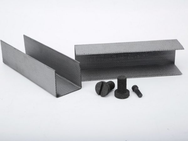 Carbon-carbon composite U plates and bolts are displayed.