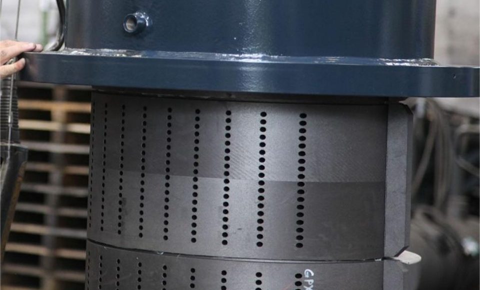 A row of graphite heat exchangers with holes of the same diameter