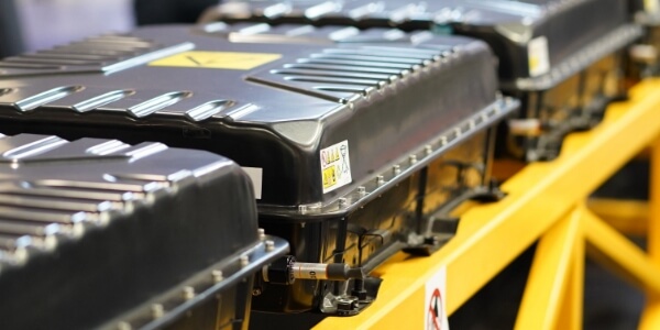 Lithium-ion batteries neatly arranged on shelves