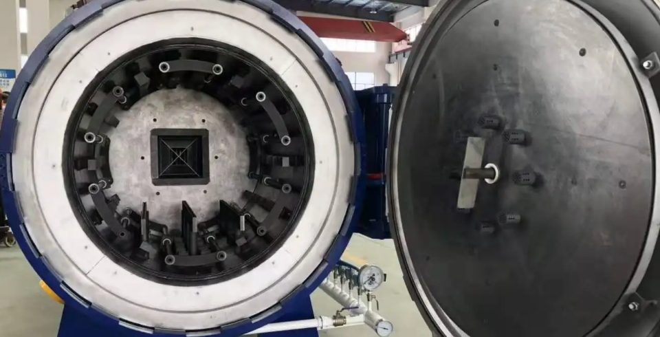 The vacuum furnace for heat treatment opens and shows its internal structure.